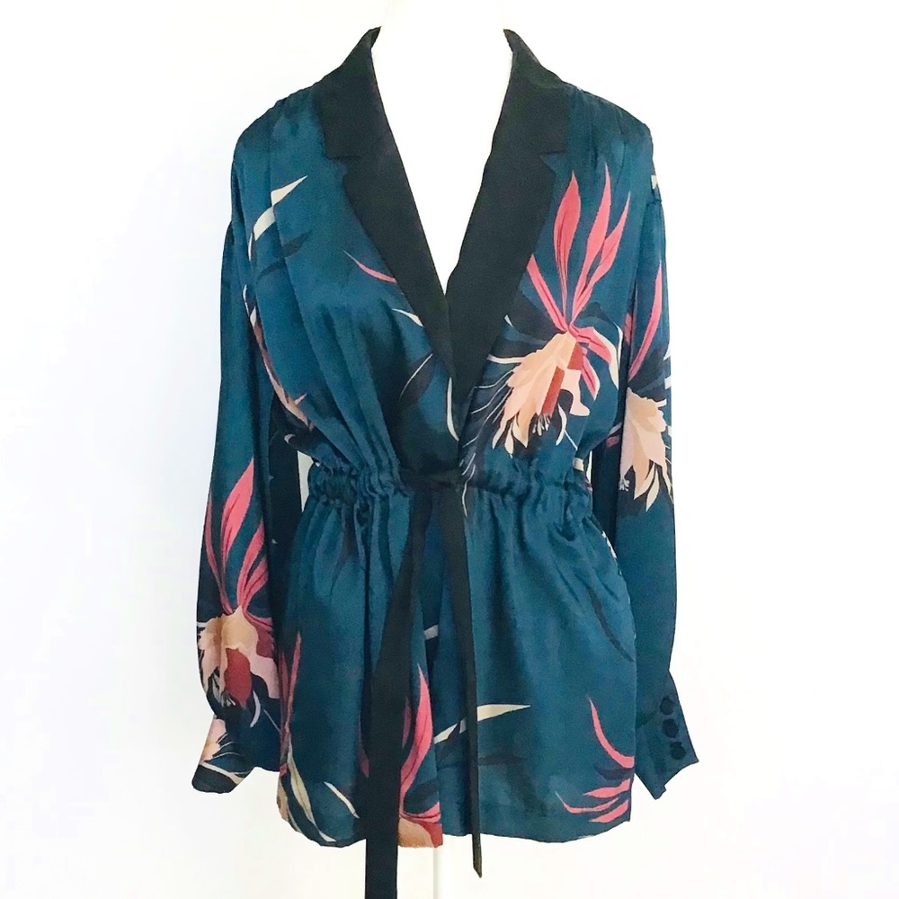 ZARA fits size S-M silky jacket blouse in dark green with floral pattern - Picture 1 of 11